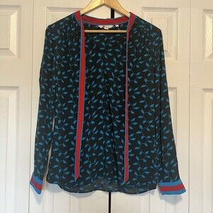 Women’s Boden Blouse Riley Tie Neck Long Sleeve Black Blue Size 4